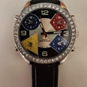 Abstract 5 Time Zones w/ Leather Band, Quartz Face, Stainless Steel
